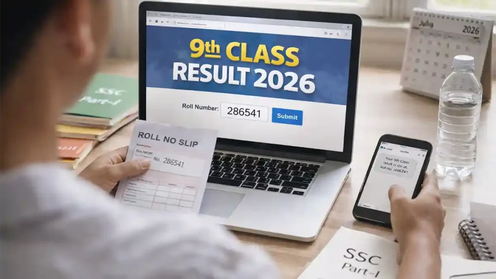 Student checking 9th Class Result 2026 on laptop by roll number with SMS confirmation on phone and SSC Part-I notebooks on desk