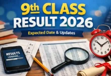 9th Class Result 2026 expected date and updates shown with result sheet, smartphone, books and clock on desk