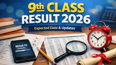 9th Class Result 2026 expected date and updates shown with result sheet, smartphone, books and clock on desk