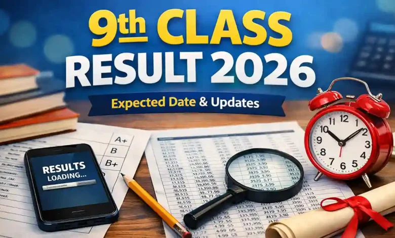 9th Class Result 2026 expected date and updates shown with result sheet, smartphone, books and clock on desk
