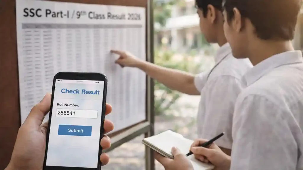 Students checking 9th Class Result 2026 on a school notice board with a phone showing roll number result check page and SSC Part-I list