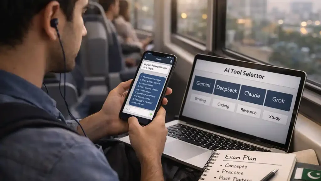Pakistani university student using a phone and laptop on a bus to compare Gemini, DeepSeek, Claude and Grok for studying, writing and research