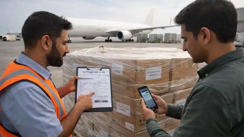 Cargo agent and Pakistani importer checking an air freight pallet from China to Pakistan at an airport terminal