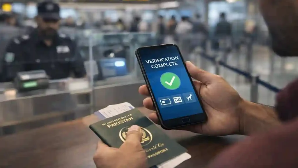 Close up of a traveler holding a smartphone with a verification complete screen near a passport at an airport immigration counter, officer blurred in background