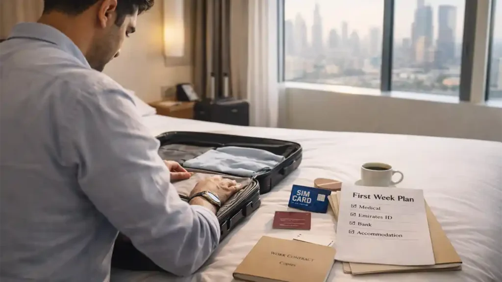 Pakistani professional unpacking in Dubai after securing a job in Dubai from Pakistan, with SIM card, checklist, and work contract documents