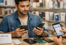 Pakistani buyer comparing smartphones in a mobile shop while checking PTA/DIRBS tax details for a 2026 phone buying guide.