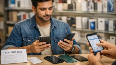 Pakistani buyer comparing smartphones in a mobile shop while checking PTA/DIRBS tax details for a 2026 phone buying guide.