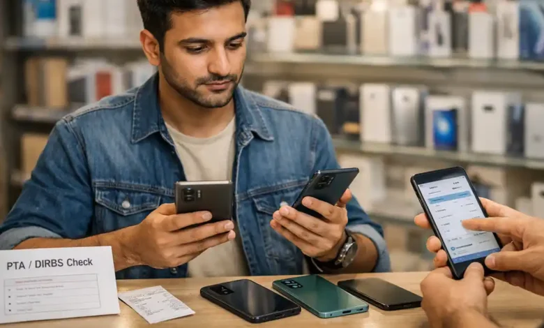 Pakistani buyer comparing smartphones in a mobile shop while checking PTA/DIRBS tax details for a 2026 phone buying guide.