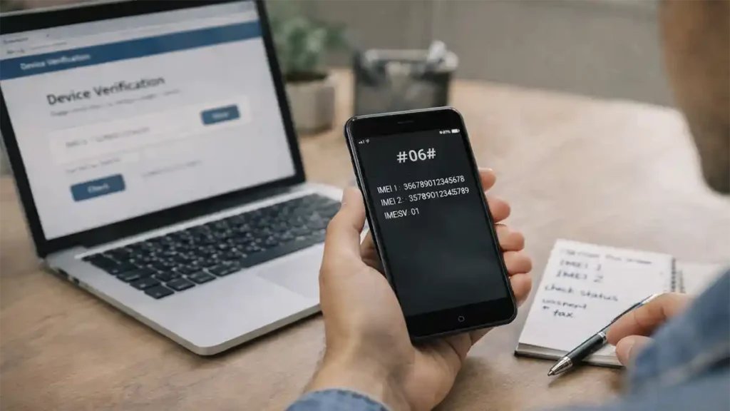 Person checking phone IMEI and PTA approval status on a laptop and smartphone before buying in Pakistan