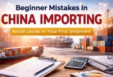 Checklist, calculator, and shipping documents on a desk at a container port, representing planning for a first import shipment from China.