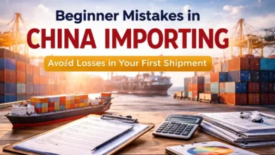 Checklist, calculator, and shipping documents on a desk at a container port, representing planning for a first import shipment from China.