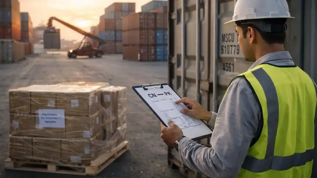 Pakistani logistics worker checking a container shipment from China to Pakistan at a Karachi port container yard