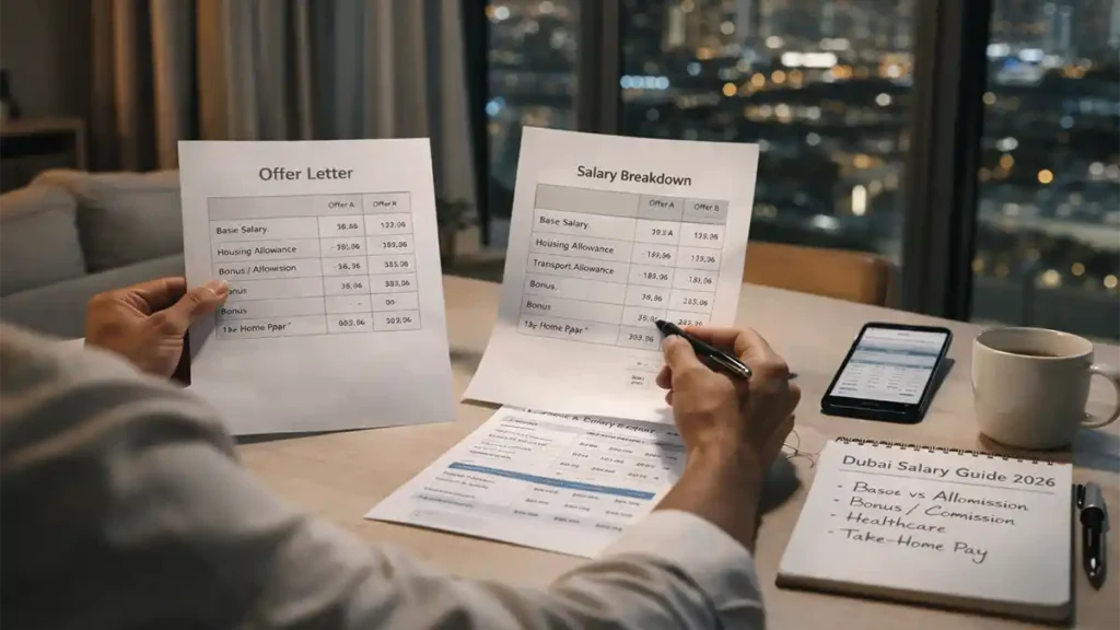 Person comparing two Dubai job offer letters and a salary breakdown sheet at a table with Dubai city lights in the background.