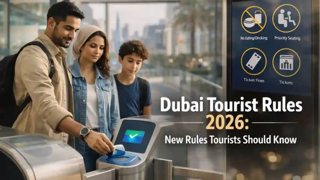 Tourist family tapping a transit card at Dubai Metro gates with rule icons, highlighting Dubai tourist rules 2026