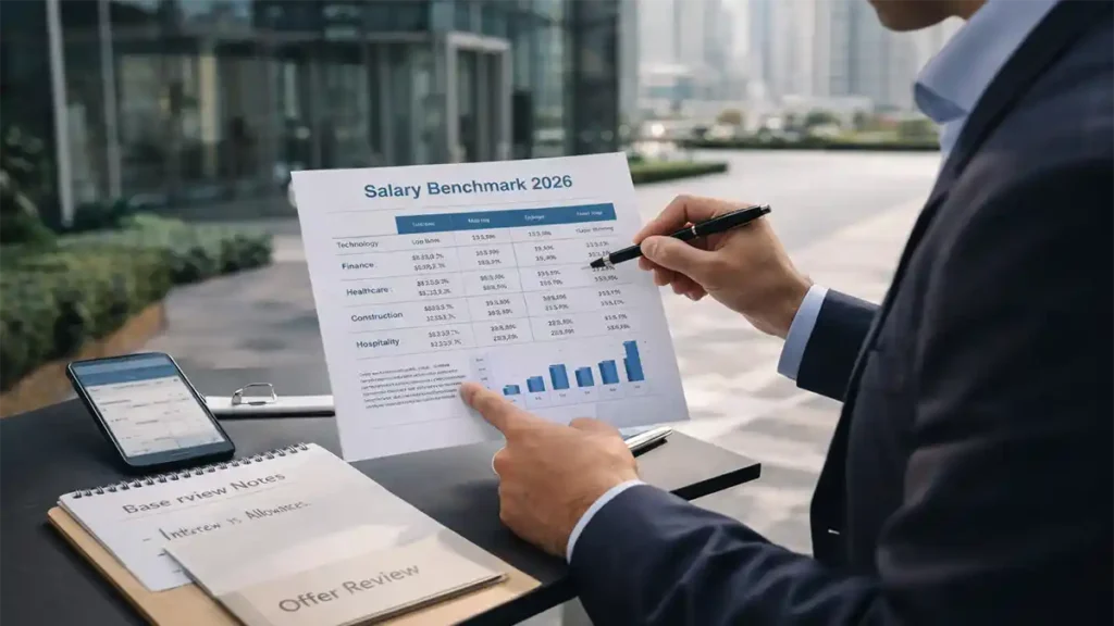Recruiter reviewing a Dubai salary benchmark 2026 sheet outdoors with interview notes and an offer review folder in a business district.