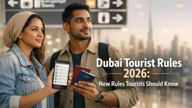 Tourists at Dubai airport holding passports and a travel checklist for Dubai tourist rules 2026