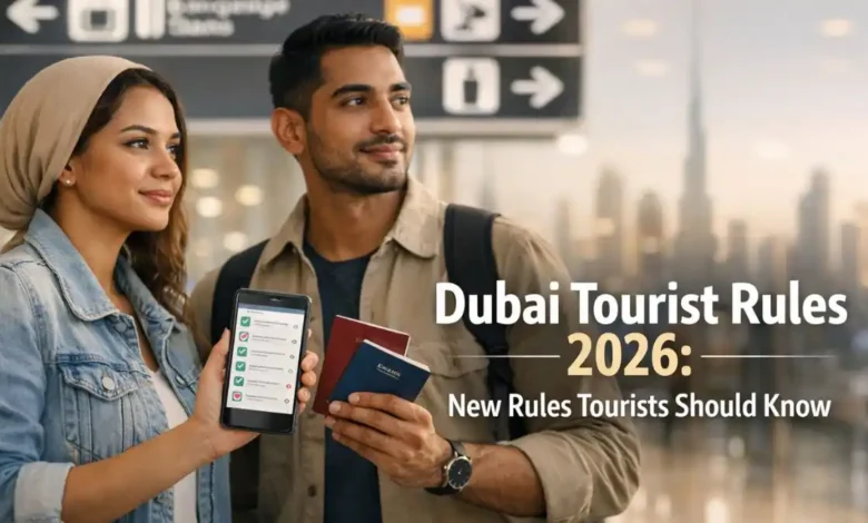 Tourists at Dubai airport holding passports and a travel checklist for Dubai tourist rules 2026