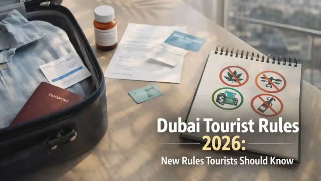 Flat lay of passport, open suitcase, and prescription medicine on a hotel desk, showing customs and medication tips for Dubai tourist rules 2026