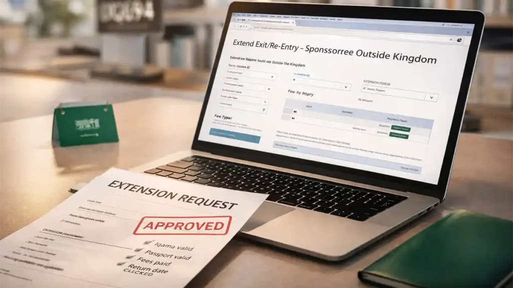 Laptop showing a visa extension portal with an approved extension request for a sponsoree outside Saudi Arabia.