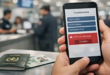 Traveler holding a smartphone showing “OTP not received” troubleshooting screen at an airport immigration counter with a passport and CNIC nearby.