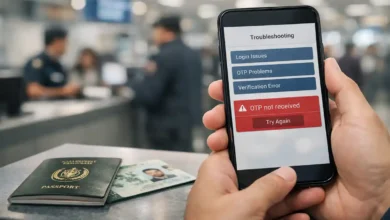Traveler holding a smartphone showing “OTP not received” troubleshooting screen at an airport immigration counter with a passport and CNIC nearby.