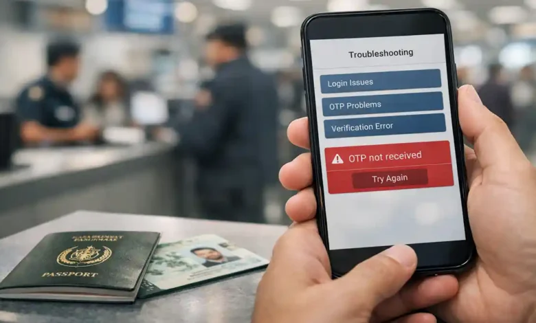 Traveler holding a smartphone showing “OTP not received” troubleshooting screen at an airport immigration counter with a passport and CNIC nearby.