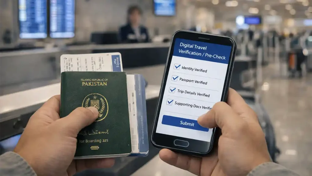 Traveler holding a Pakistani passport and boarding pass while completing a digital travel verification pre-check on a smartphone at an airport check-in counter.