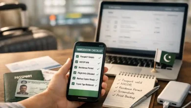 Overseas Pakistani traveler using FIA EMI App Pakistan checklist with passport, NICOP and travel documents before flying in 2026