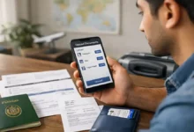 Pakistani traveler using a smartphone to upload passport, visa, and flight documents for FIA EMI app pre travel immigration process in Pakistan
