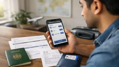 Pakistani traveler using a smartphone to upload passport, visa, and flight documents for FIA EMI app pre travel immigration process in Pakistan