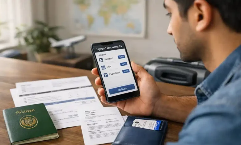 Pakistani traveler using a smartphone to upload passport, visa, and flight documents for FIA EMI app pre travel immigration process in Pakistan