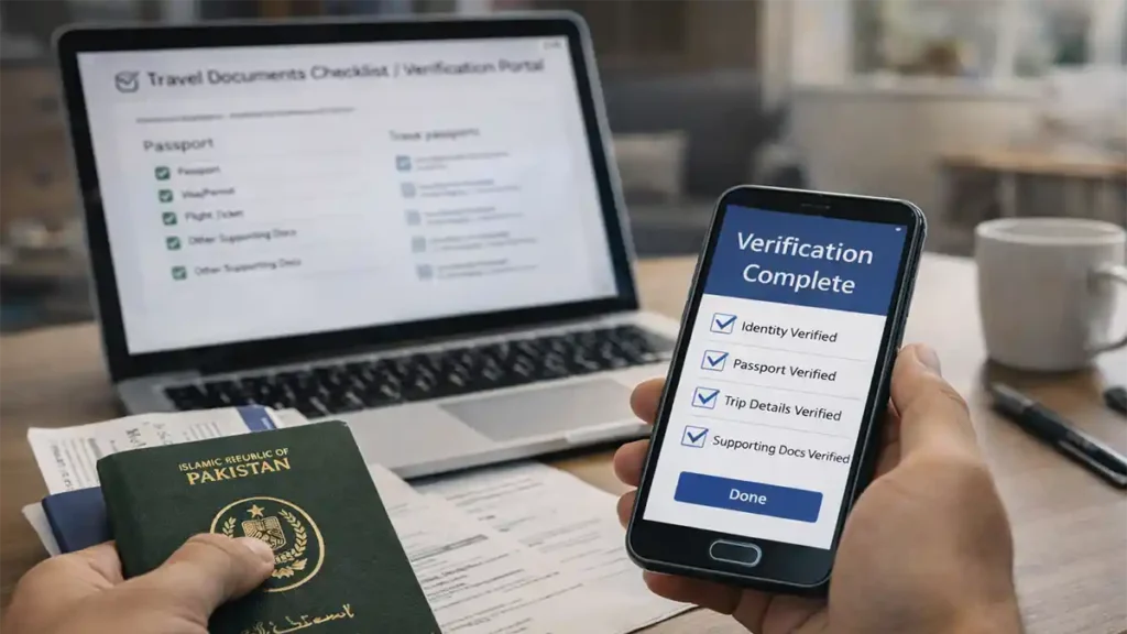 Pakistani passport on a desk beside a smartphone showing verification complete and a laptop with a travel documents checklist for 2026 travel preparation.