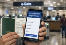 Close-up of a traveler holding a Pakistani passport and a smartphone showing e-immigration registration near airport e-gates in Pakistan.