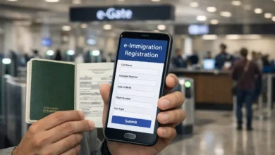 Close-up of a traveler holding a Pakistani passport and a smartphone showing e-immigration registration near airport e-gates in Pakistan.