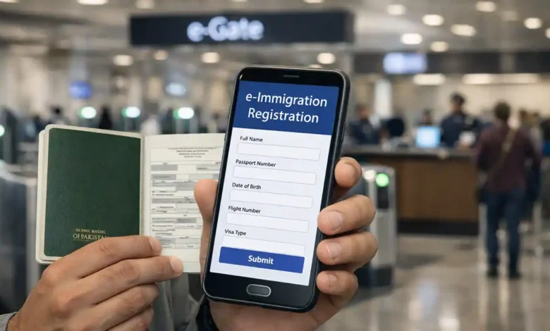 Close-up of a traveler holding a Pakistani passport and a smartphone showing e-immigration registration near airport e-gates in Pakistan.