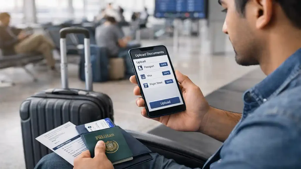 Pakistani traveler at airport lounge using smartphone to upload passport visa and flight ticket documents for FIA EMI app before departure