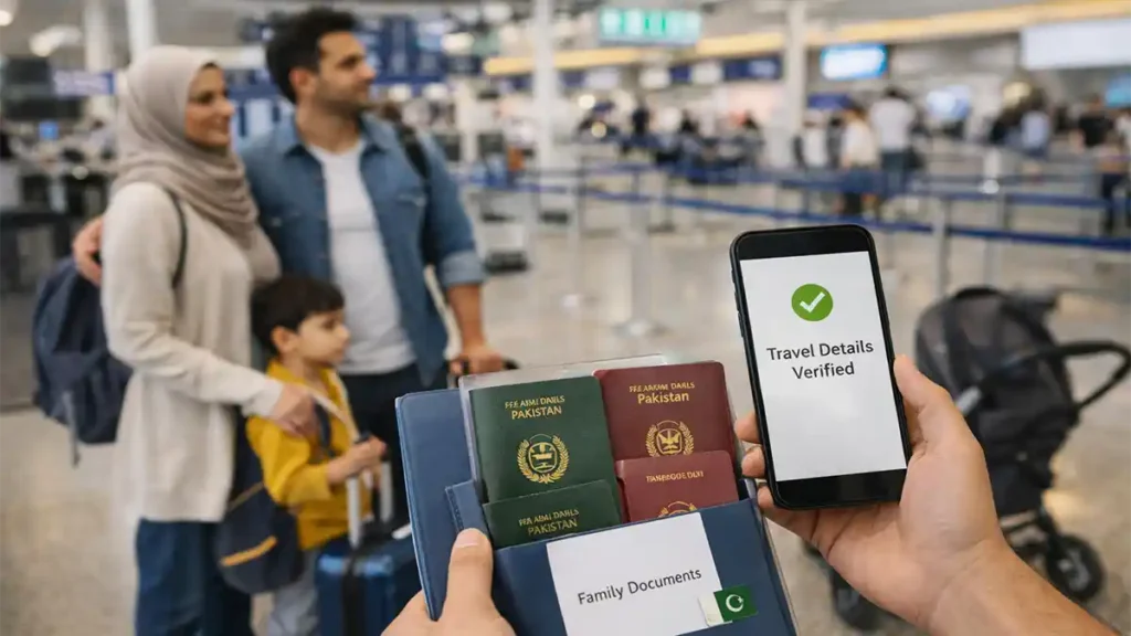 Pakistani family at an airport holding passports and a phone showing travel details verified, illustrating FIA EMI App Pakistan family travel process.
