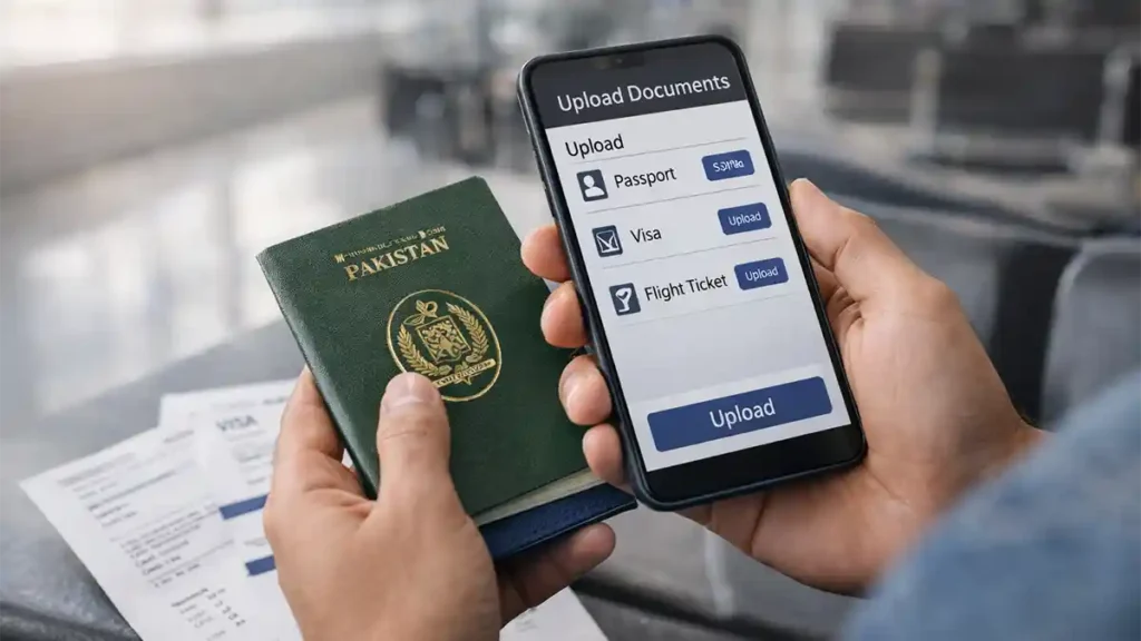 Close up of Pakistani traveler hands holding passport and smartphone while uploading visa and flight documents for FIA EMI app in airport setting