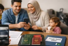 Pakistani parents preparing family travel documents and scanning passports on a phone using FIA EMI App Pakistan, with kids and luggage in the background.