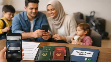 Pakistani parents preparing family travel documents and scanning passports on a phone using FIA EMI App Pakistan, with kids and luggage in the background.