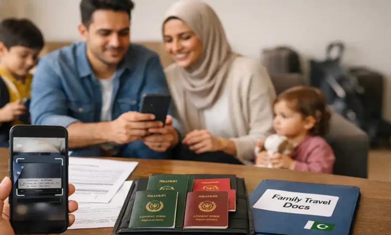 Pakistani parents preparing family travel documents and scanning passports on a phone using FIA EMI App Pakistan, with kids and luggage in the background.