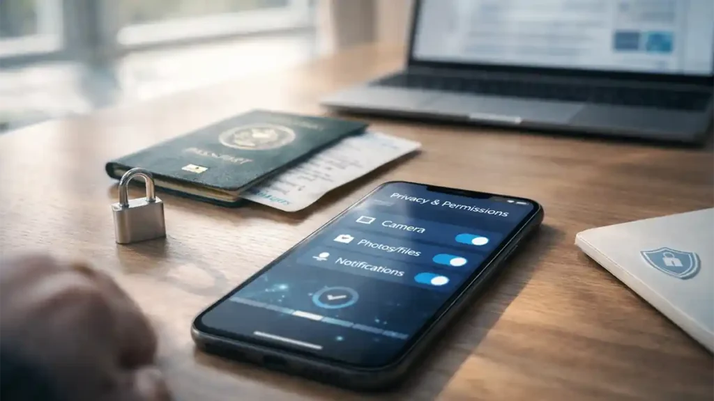 Smartphone showing privacy and permission toggles beside a passport and padlock on a desk, illustrating FIA EMI app safety and data protection.
