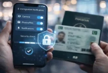 Traveler holds a smartphone showing e-immigration verification settings with a blurred passport in the background, illustrating FIA EMI app safety and privacy.