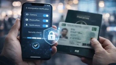 Traveler holds a smartphone showing e-immigration verification settings with a blurred passport in the background, illustrating FIA EMI app safety and privacy.