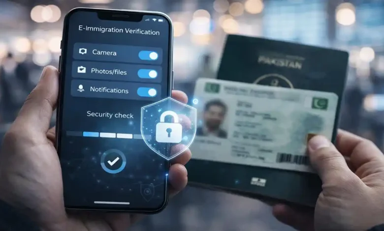 Traveler holds a smartphone showing e-immigration verification settings with a blurred passport in the background, illustrating FIA EMI app safety and privacy.
