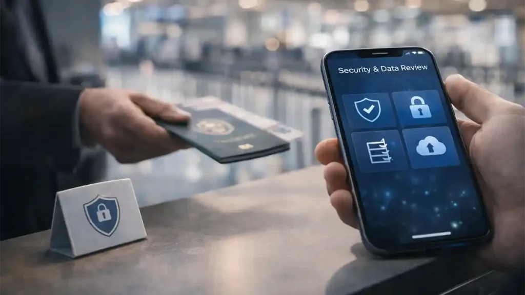 Traveler holds a phone showing a security and data review screen while handing a passport at an airport counter, highlighting FIA EMI app safety.