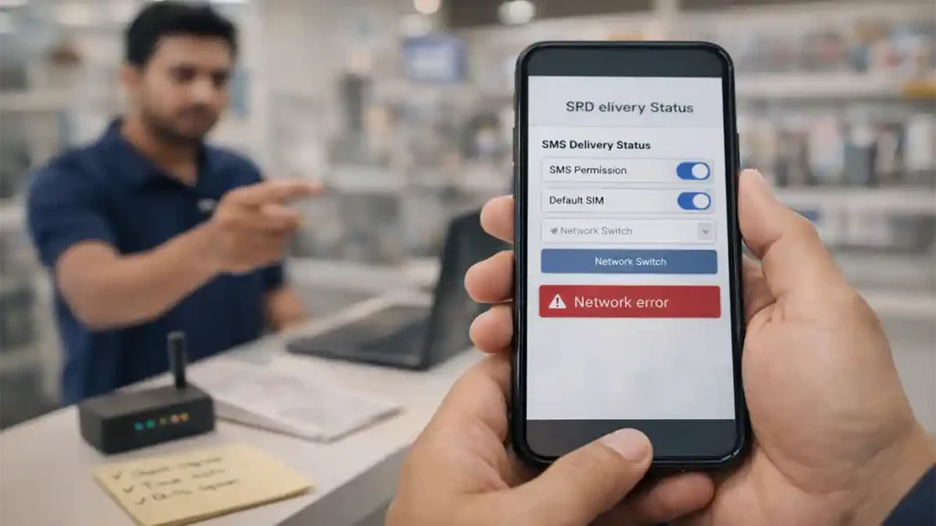 Customer holding a smartphone showing an OTP troubleshooting screen with “Network error” in a mobile service center while a technician points toward the phone.