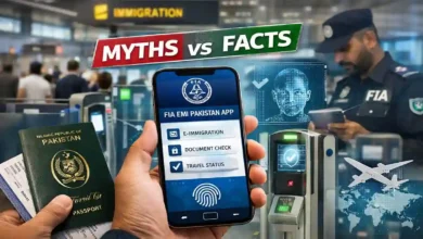 Hand holding a Pakistani passport and a smartphone showing the FIA EMI Pakistan app screen at an airport immigration checkpoint with e-gates in the background