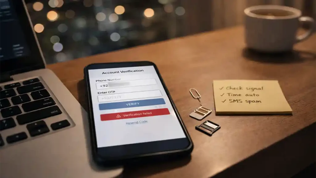 Smartphone on a desk showing “Verification failed” and “Resend Code,” with a SIM tool, SIM tray, and troubleshooting note beside a laptop.