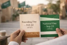 Hands holding two flyers comparing Saudi Founding Day Feb 22 (1727) and Saudi National Day Sep 23 (1932) outdoors in Saudi Arabia.